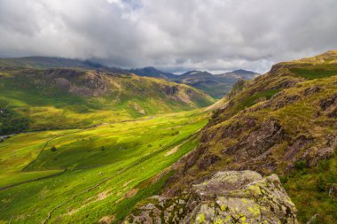 View of the Hardknott Pass, hill pass between Eskdale and the Duddon Valley in the Lake District National Park, Cumbria, England.