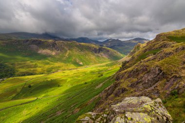 View of the Hardknott Pass, hill pass between Eskdale and the Duddon Valley in the Lake District National Park, Cumbria, England.