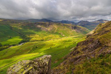 View of the Hardknott Pass, hill pass between Eskdale and the Duddon Valley in the Lake District National Park, Cumbria, England.