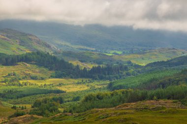 View of the Hardknott Pass, hill pass between Eskdale and the Duddon Valley in the Lake District National Park, Cumbria, England.