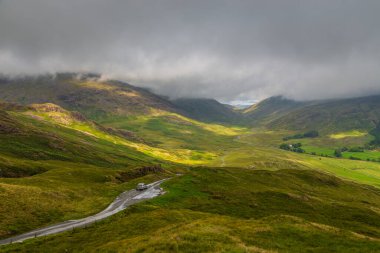 View of the Hardknott Pass, hill pass between Eskdale and the Duddon Valley in the Lake District National Park, Cumbria, England.