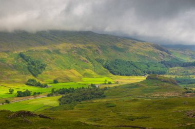 View of the Hardknott Pass, hill pass between Eskdale and the Duddon Valley in the Lake District National Park, Cumbria, England.