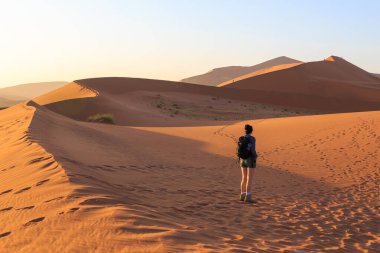Sossusvlei, Namibya - 30 Eylül 2018: Kum tepelerinde yürüyen kadın. Sossusvlei 'nin tuz tepsisi. Namib Naukluft Ulusal Parkı. Sossusvlei 'deki kum tepeleri. Gün doğumu. Namibya. Afrika.