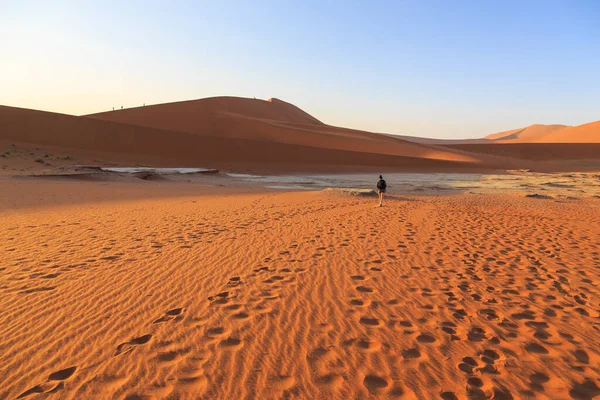 Sossusvlei Namibia September 2018 Kvinnan Går Sanddynerna Saltpannan Sossusvlei Med — Stockfoto