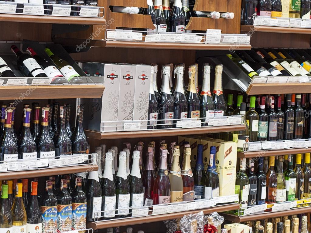Astana, Kazakhstan - August 23, 2012: Alcoholic beverages at supermarket.