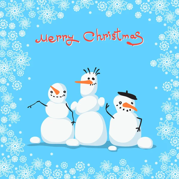 Tarjeta de felicitación con tres muñecos de nieve lindo — Vector de stock