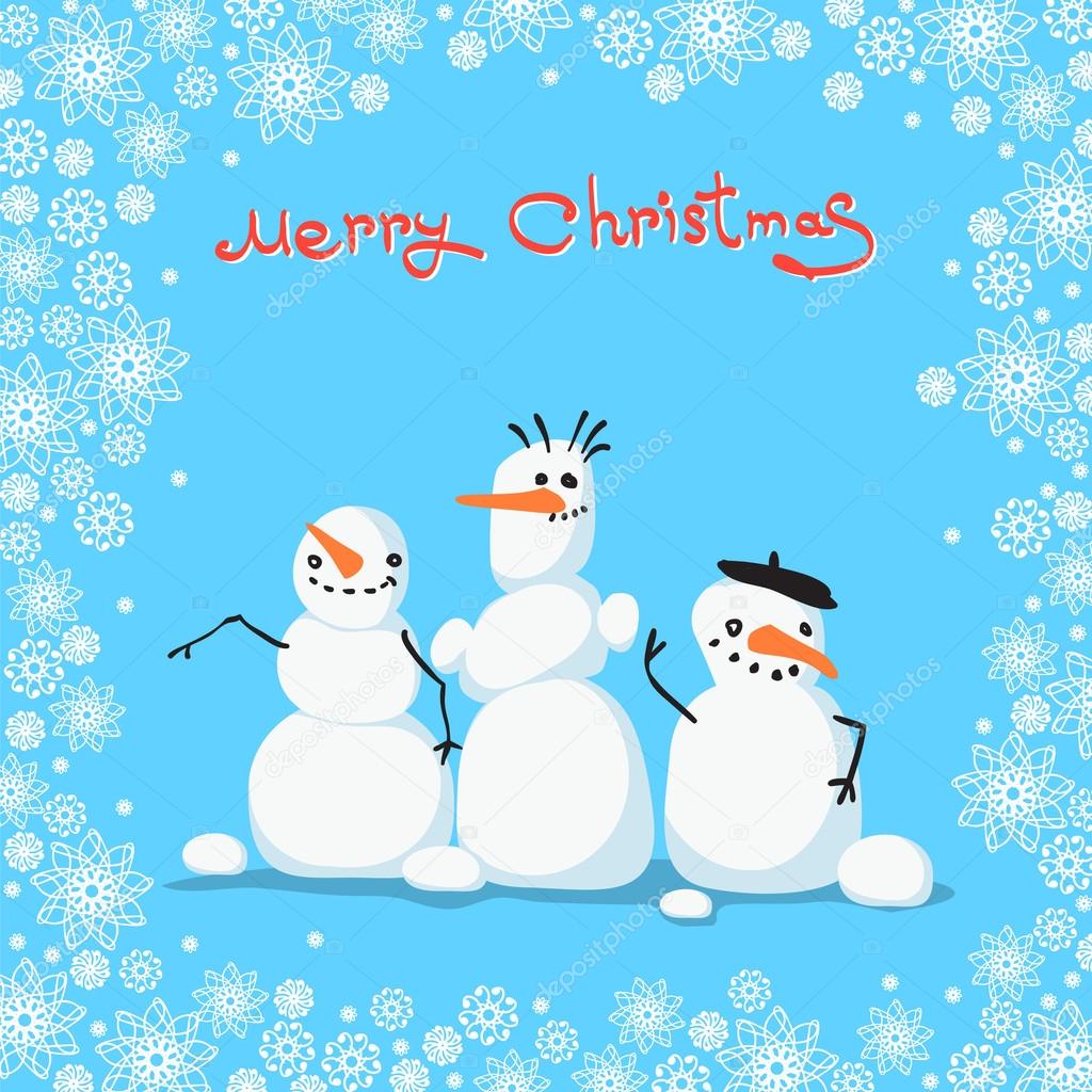 Greeting card with three cute snowmen