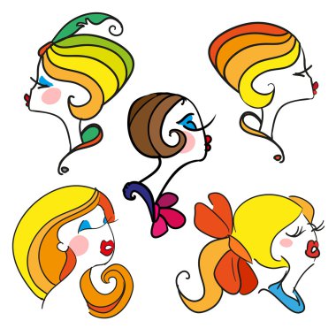 Kızlar dizi karikatür yüzü çizilmiş retro doodles