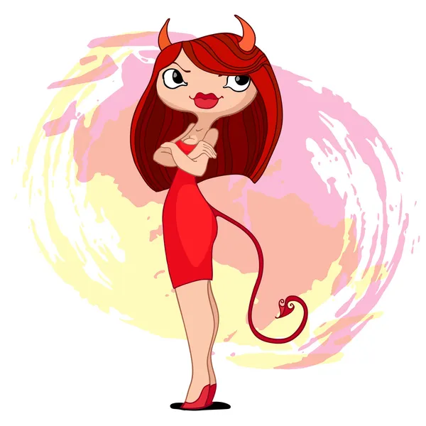 Brunette devil girl on the background of blots — Stock Vector