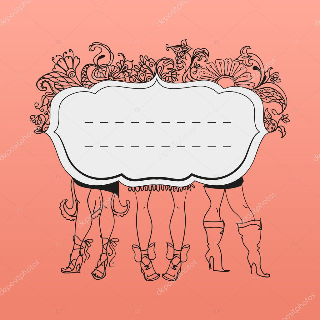 vintage frame with girl shoes and legs and floral ornament
