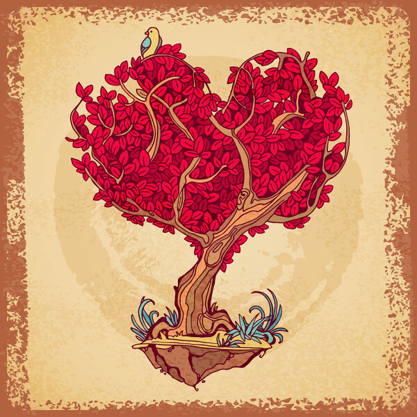 Stylized tree retro tattoo crown in the shape of heart