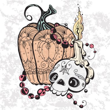 vintage tarzı Halloween çizimde bir kafatası, kabak ve