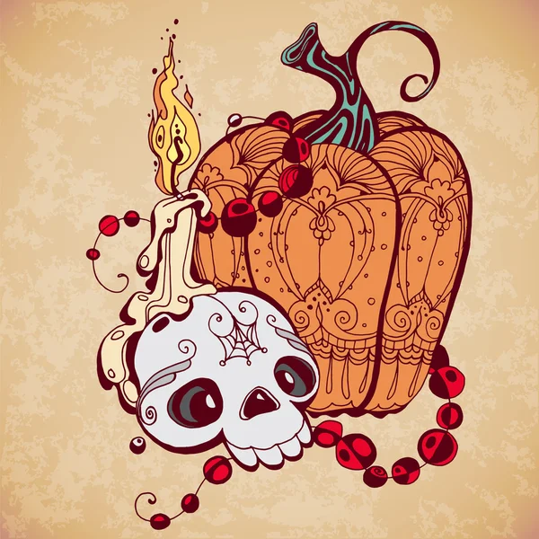 Ilustración de Halloween en estilo retro de un cráneo, calabaza y ca — Vector de stock