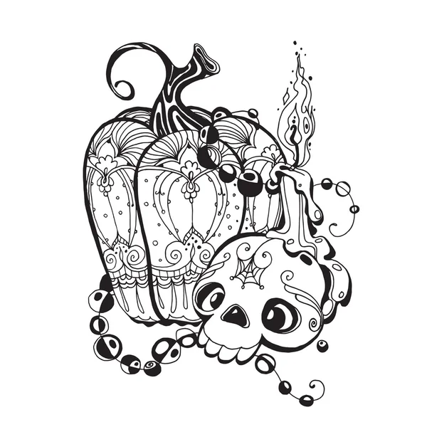 Ilustración en blanco y negro con cráneo, calabaza y una vela encendida — Vector de stock