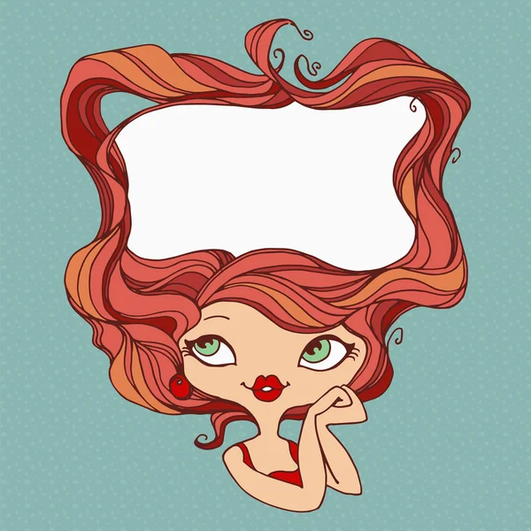 Retro girl with long red hair in a frame shape — Stock Vector