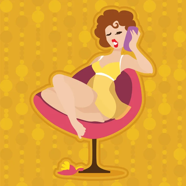 Ilustración retro de una chica en una silla roja hablando por teléfono — Archivo Imágenes Vectoriales