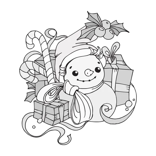 Christmas snowman black and white — Stock Vector