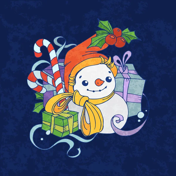 Lindo muñeco de nieve de Navidad sobre fondo azul — Vector de stock