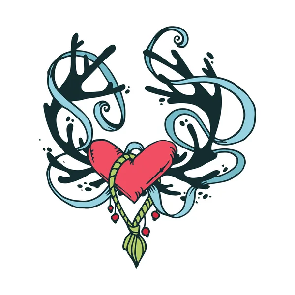 Isolated heart with blue ribbon and antlers tattoo style on a wh — Stock Vector