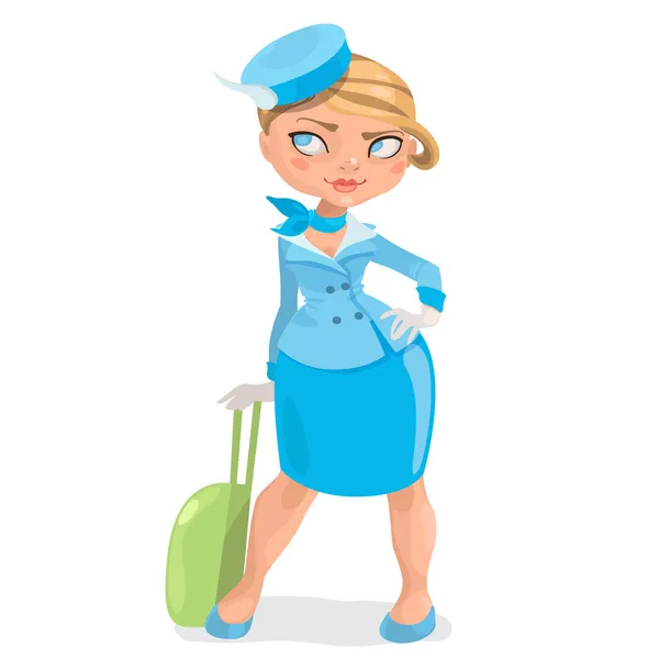 Ευρωπαϊκό νεαρή ξανθιά γυναίκα αεροσυνοδός με πράσινο αποσκευών — Διανυσματικό Αρχείο