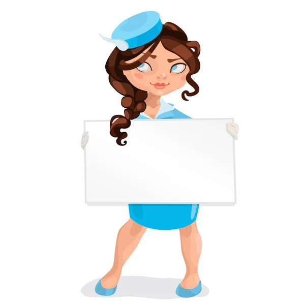 Európai fiatal nő stewardess hosszú barna hajat velem — Stock Vector