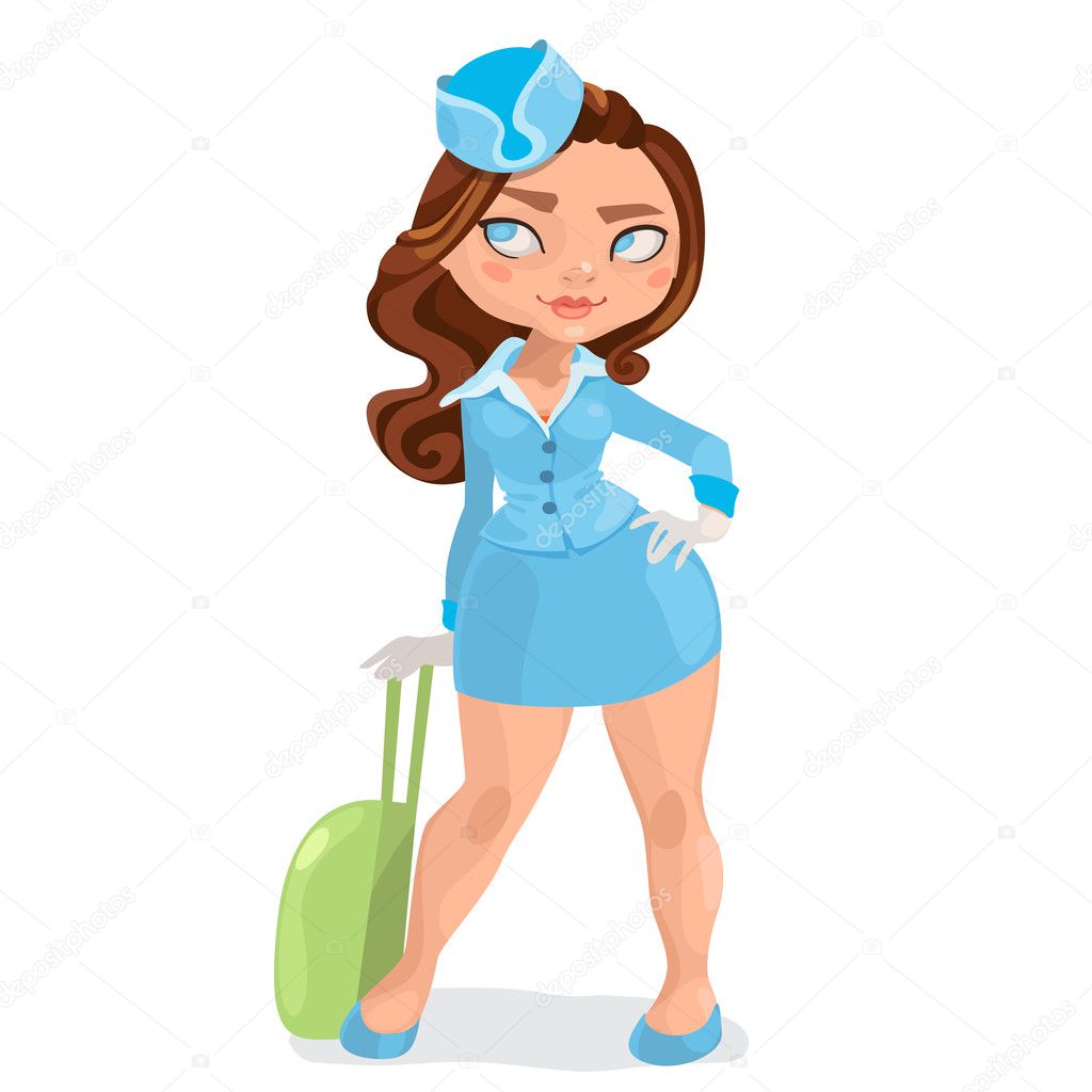 Illustration of european young brunette hairs woman stewardess w