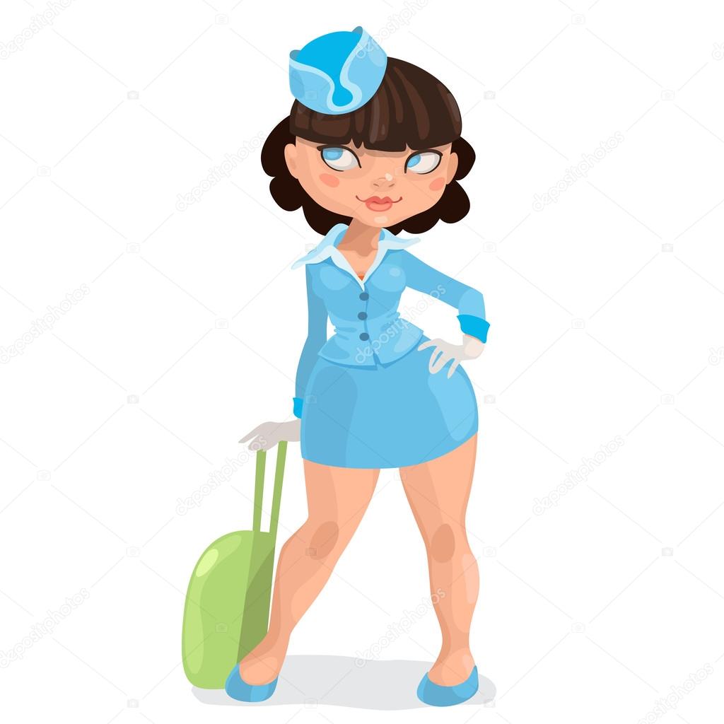 Illustration of european young brunette woman stewardess with lu