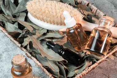 Kozmetik ve kişisel bakım. Şişedeki körfez yapraklarının doğal antiseptik, antioksidan, akne ilacı, deri ve saç için makro besin maddeleri..