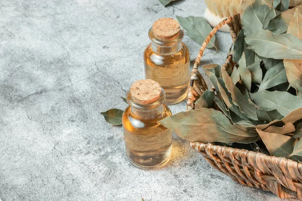 Kosmetologi och personlig vård. Infusion avkodning av lagerblad eterisk olja i en flaska, naturliga antiseptiska, antioxidant, akne botemedel, makronäringsämnen för hud och hår. Örtmedicin Stockfoto