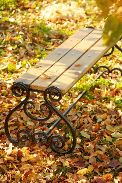 Industrin gör en smidesbänk på hösten i trädgården i bladverket under trädet. Höst trädgård bakgrund — Stockfoto