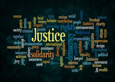 JUSTICE kavramına sahip Kelime Bulutu sadece metin ile oluşturulur.