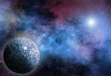 Uzaydan gelen bilinmeyen bir gezegen. Uzay nebulası. Kozmik yıldız kümesi. Dış uzay arkaplanı. 3B Görüntü.