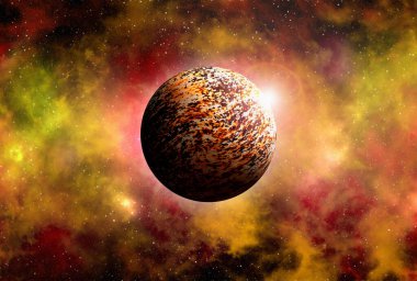 Uzaydan gelen bilinmeyen bir gezegen. Uzay nebulası. Kozmik yıldız kümesi. Dış uzay arkaplanı. 3B Görüntü.