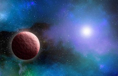 Uzaydan gelen bilinmeyen bir gezegen. Uzay nebulası. Kozmik yıldız kümesi. Dış uzay arkaplanı. 3B Görüntü.