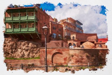 Tiflis 'teki geleneksel Avrupa kentsel mimarisinin güzel bir manzarasının suluboya çizimi. Georgia 'nın başkenti.