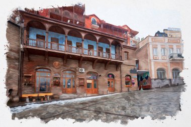 Tiflis 'teki geleneksel Avrupa kentsel mimarisinin güzel bir manzarasının suluboya çizimi. Georgia 'nın başkenti.