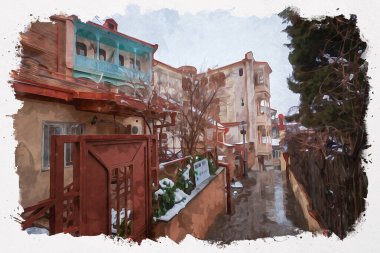 Tiflis 'teki geleneksel Avrupa kentsel mimarisinin güzel bir manzarasının suluboya çizimi. Georgia 'nın başkenti.