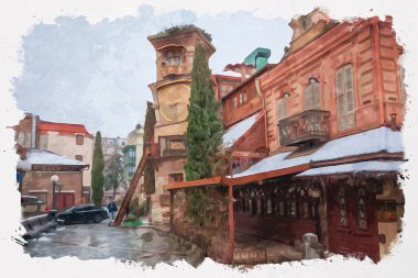 Gürcistan 'ın Tiflis kentindeki Kukla Tiyatrosu yakınlarında saat ve sanat kafesi olan eğri bir kulenin suluboya görüntüsü..