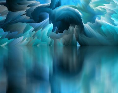 Sihirli dünya. Soyut manzara, gerçeküstü göl ve yansımalar. sanat, yaratıcılık ve hayal gücü. 3d illüstrasyon.