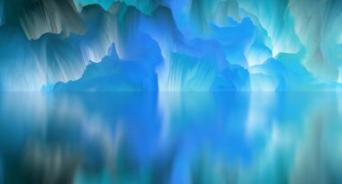 Sihirli dünya. Soyut manzara, gerçeküstü göl ve yansımalar. sanat, yaratıcılık ve hayal gücü. 3d illüstrasyon.