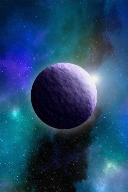 Uzaydan gelen bilinmeyen bir gezegen. Uzay nebulası. Kozmik yıldız kümesi. Dış uzay arkaplanı. 3B Görüntü.