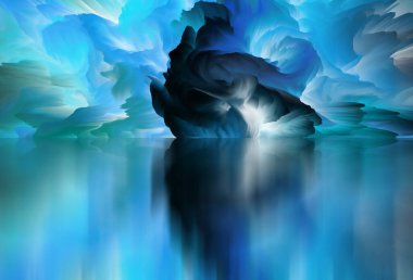 Sihirli dünya. Soyut manzara, gerçeküstü göl ve yansımalar. sanat, yaratıcılık ve hayal gücü. 3d illüstrasyon.