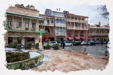Tiflis 'teki geleneksel Avrupa kentsel mimarisinin güzel bir manzarasının suluboya çizimi. Georgia 'nın başkenti.