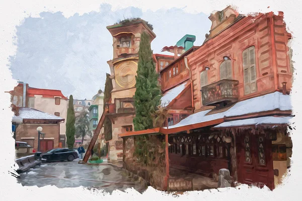 Gürcistan 'ın Tiflis kentindeki Kukla Tiyatrosu yakınlarında saat ve sanat kafesi olan eğri bir kulenin suluboya görüntüsü..