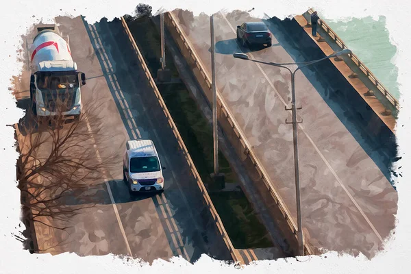 Aquarell Illustration Verkehr Auf Der Stadtstraße Tiflis Hauptstadt Georgiens — Stockfoto