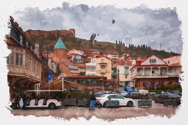 Watercolor Ilustração Uma Bela Vista Arquitetura Urbana Europeia Tradicional Tbilisi — Fotografia de Stock