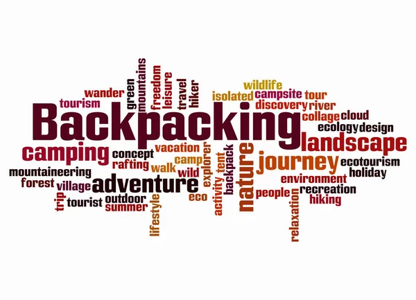 带有Backpacking概念的Word Cloud只使用文本创建 — 图库照片
