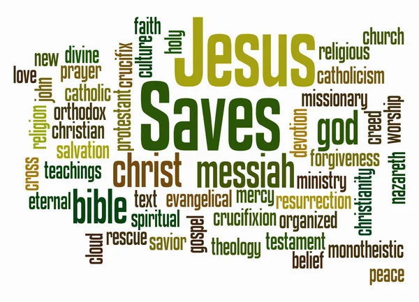 带有Jesus Saves概念的Word Cloud只使用文本创建 — 图库照片