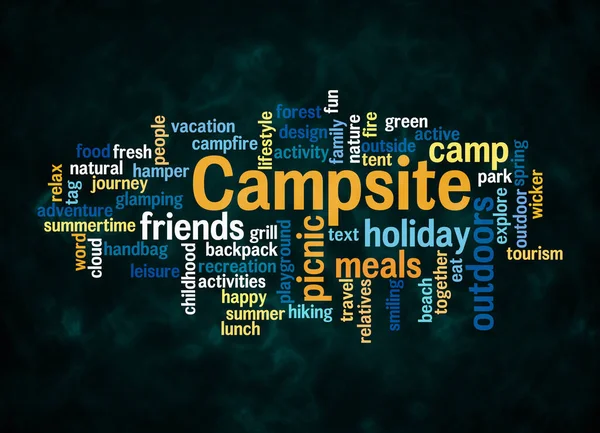 带有Campsite概念的Word Cloud只使用文本创建 — 图库照片