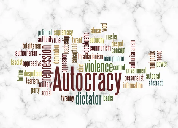 带有Autocracy概念的Word Cloud只使用文本创建 — 图库照片